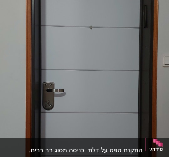 דלת מתכת אפורה עם ידית כסופה